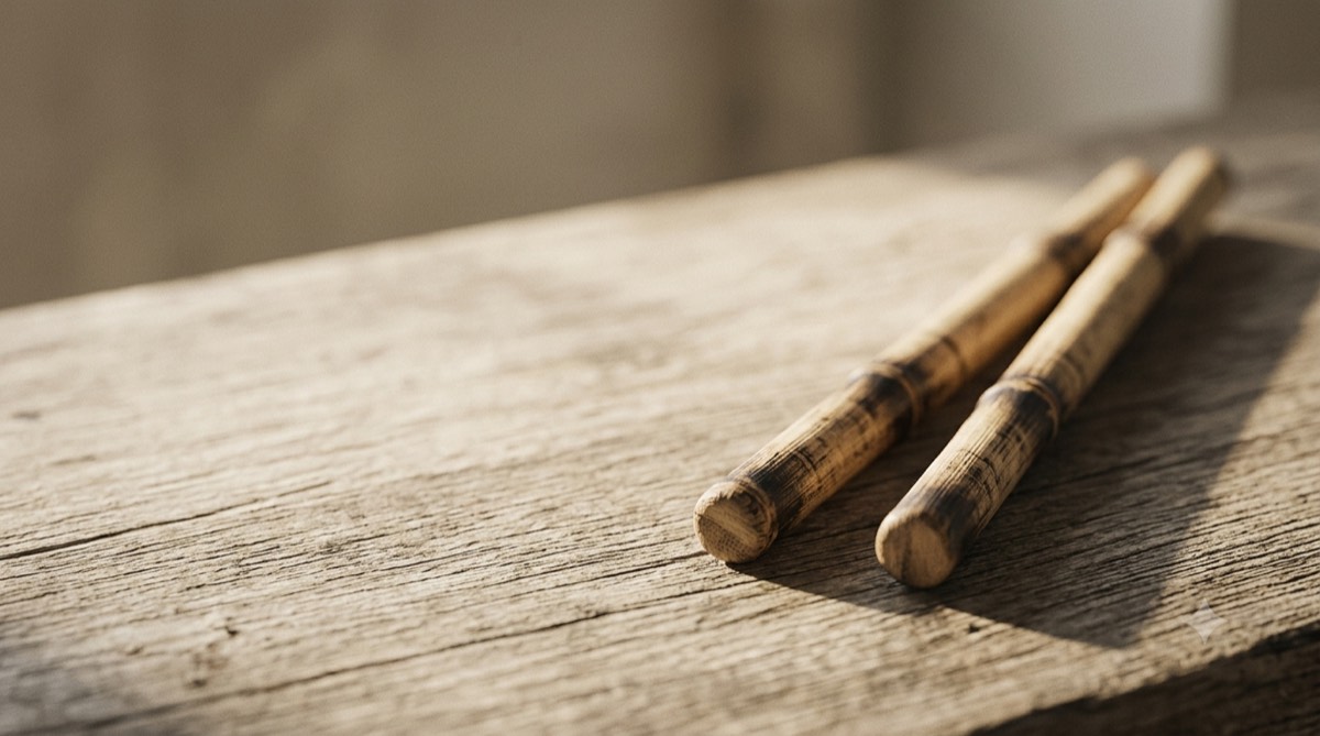 Two rattan escrima sticks on a natural surface, Filipino martial arts