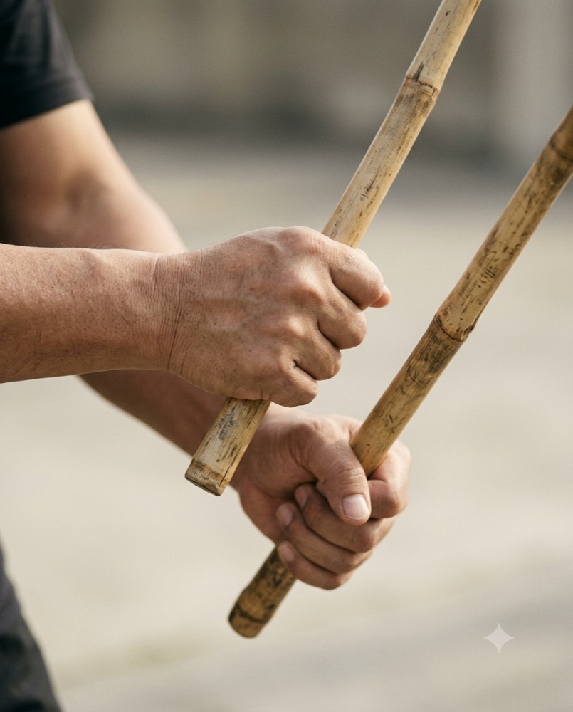 Hands gripping rattan escrima sticks in a ready stance during Filipino martial arts training